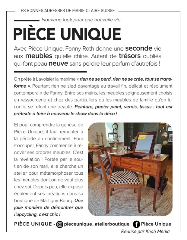 Article Pièce Unique, Les bonnes adresses de Marie Claire Suisse