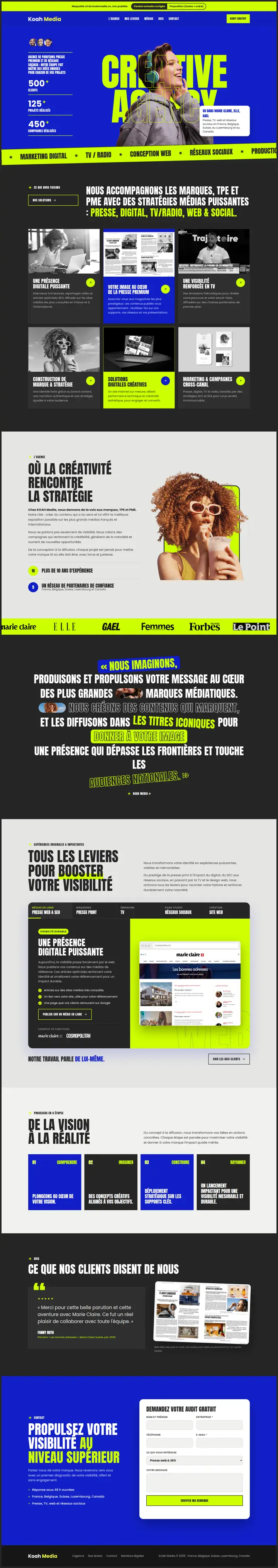 Page d'accueil d'un site réalisé, qui défile