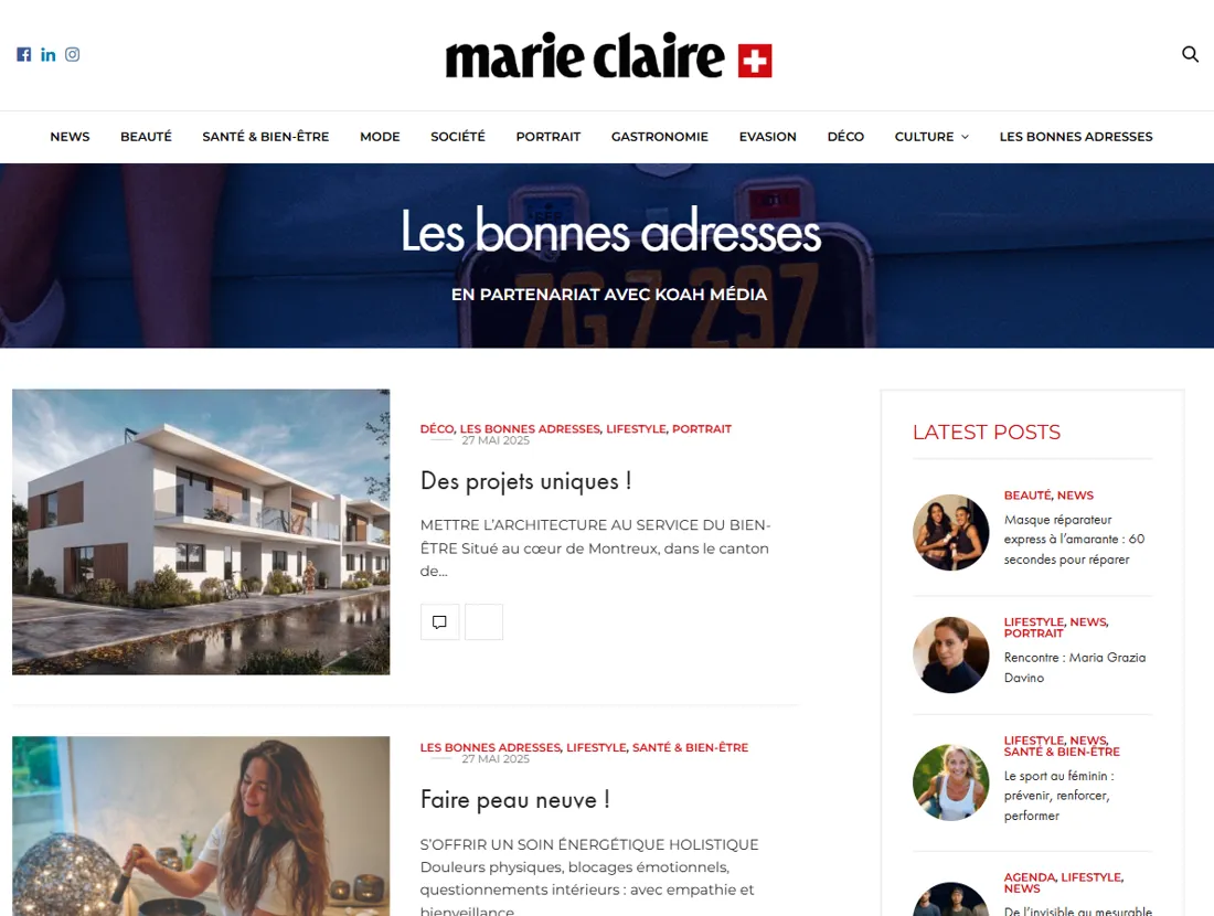 Rubrique Les bonnes adresses de Marie Claire Suisse, en partenariat avec KOAH Media